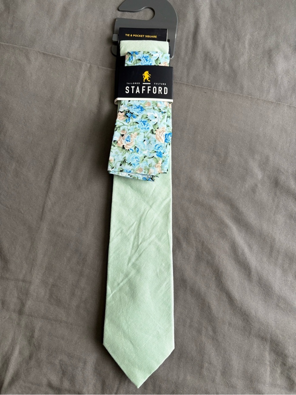 Stafford Light Green Tie with Blue and Peach Floral Pocket Square